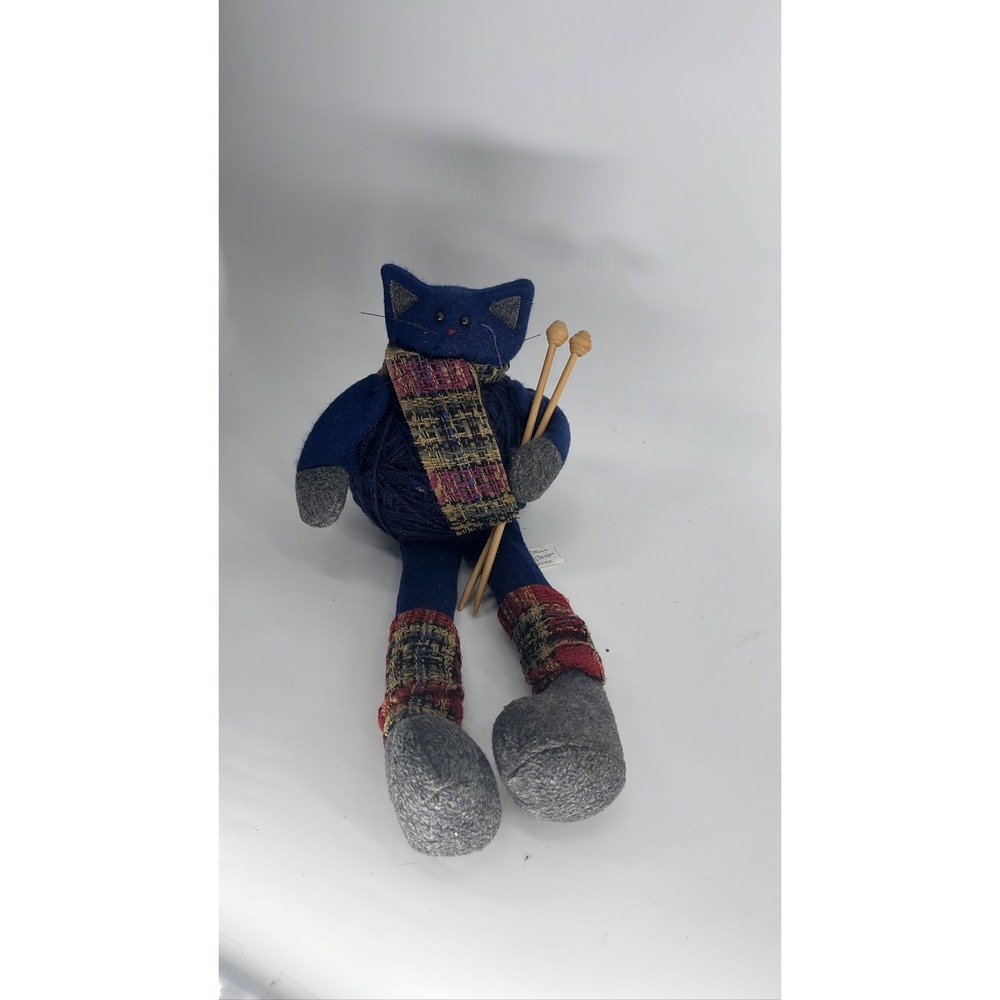 Folk Art‎ Knitting Cat Plush Blue Wool Felt Doll Yarn Ball